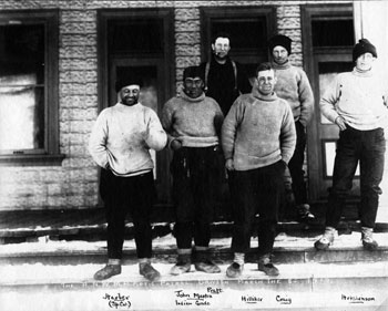 “The RNWMP Arctic Patrol. Dawson March the 8th, 1917.” This photograph includes police guide John Martin, a Gwitchin man from Fort McPherson, Northwest Territories, who would later become a missionary, and re-enter Claude and Mary's life in Ross River.