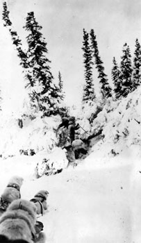 “McPherson Patrol - a bit of bad going.” Three members of the McPherson Patrol clear brush from the trail while their dog teams wait patiently nearby.