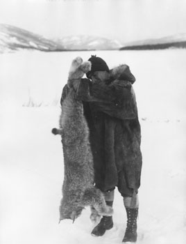 Arthur Anderson holds up a lynx carcass. ca. 1938