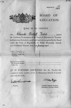 Claude's teacher's certificate.